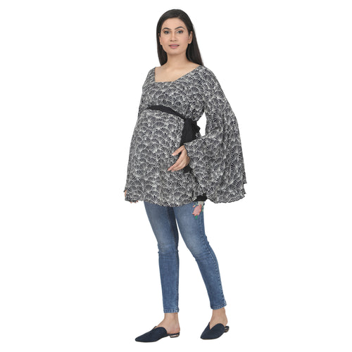 Black & Cream Printed Maternity Tunic with Flared Sleeves