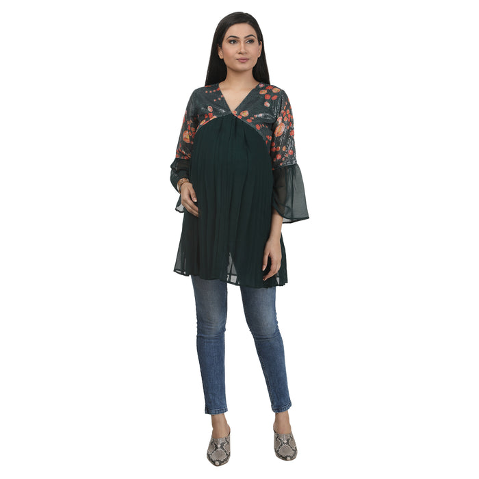 Floral Pleated Bell-Sleeve Maternity Tunic – Bottle Green