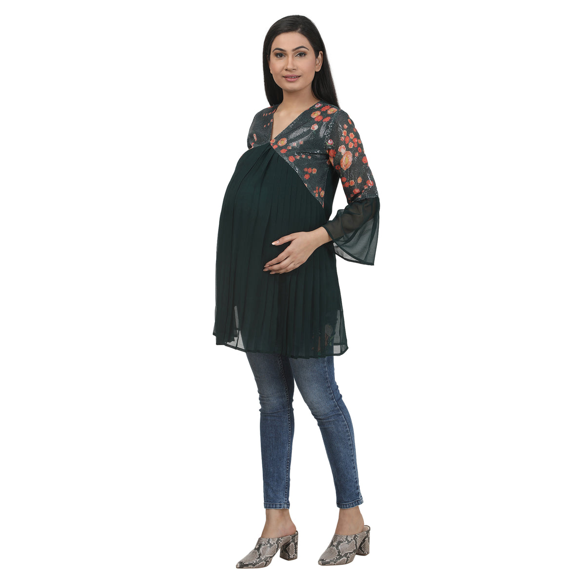 Floral Pleated Bell-Sleeve Maternity Tunic – Bottle Green