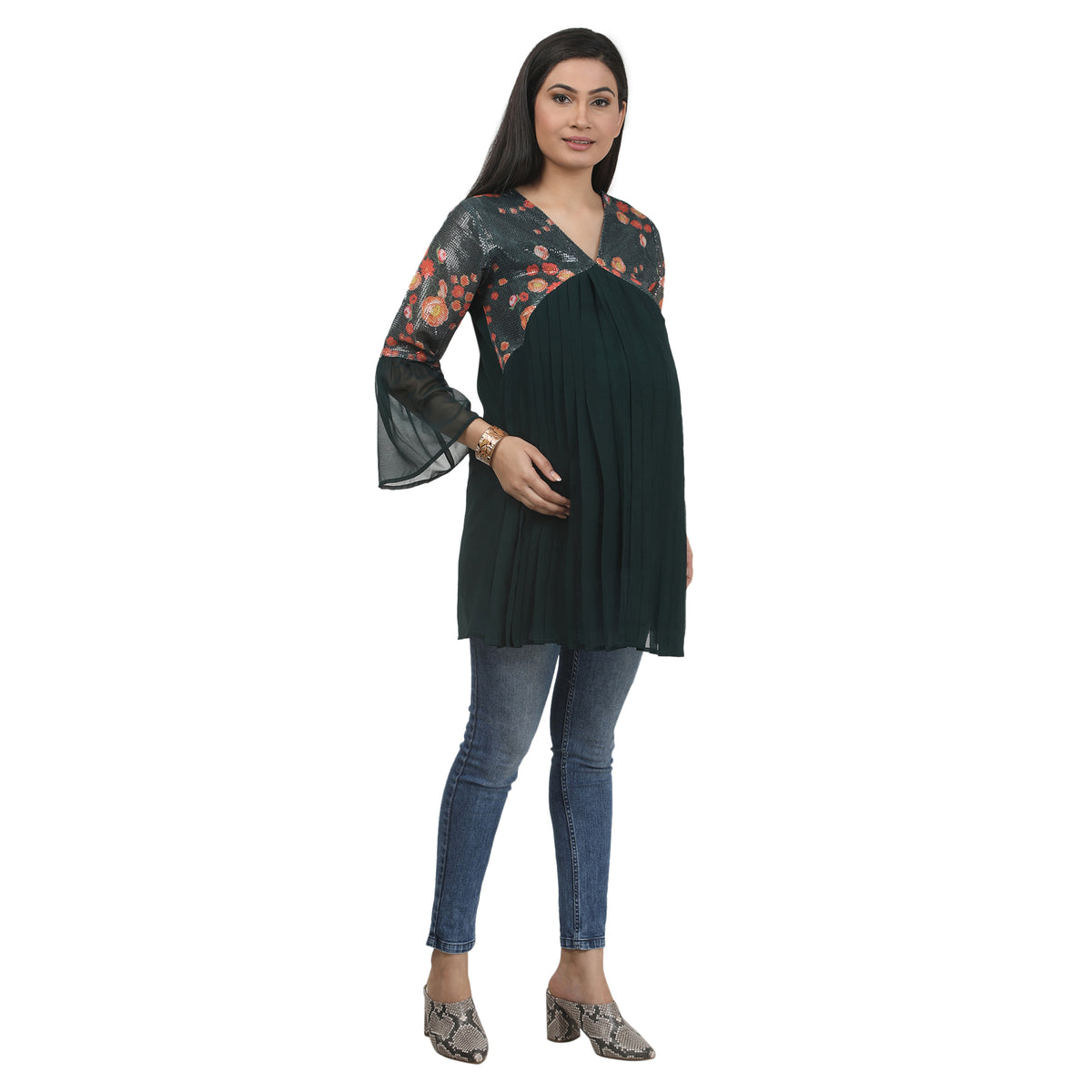 Floral Pleated Bell-Sleeve Maternity Tunic – Bottle Green