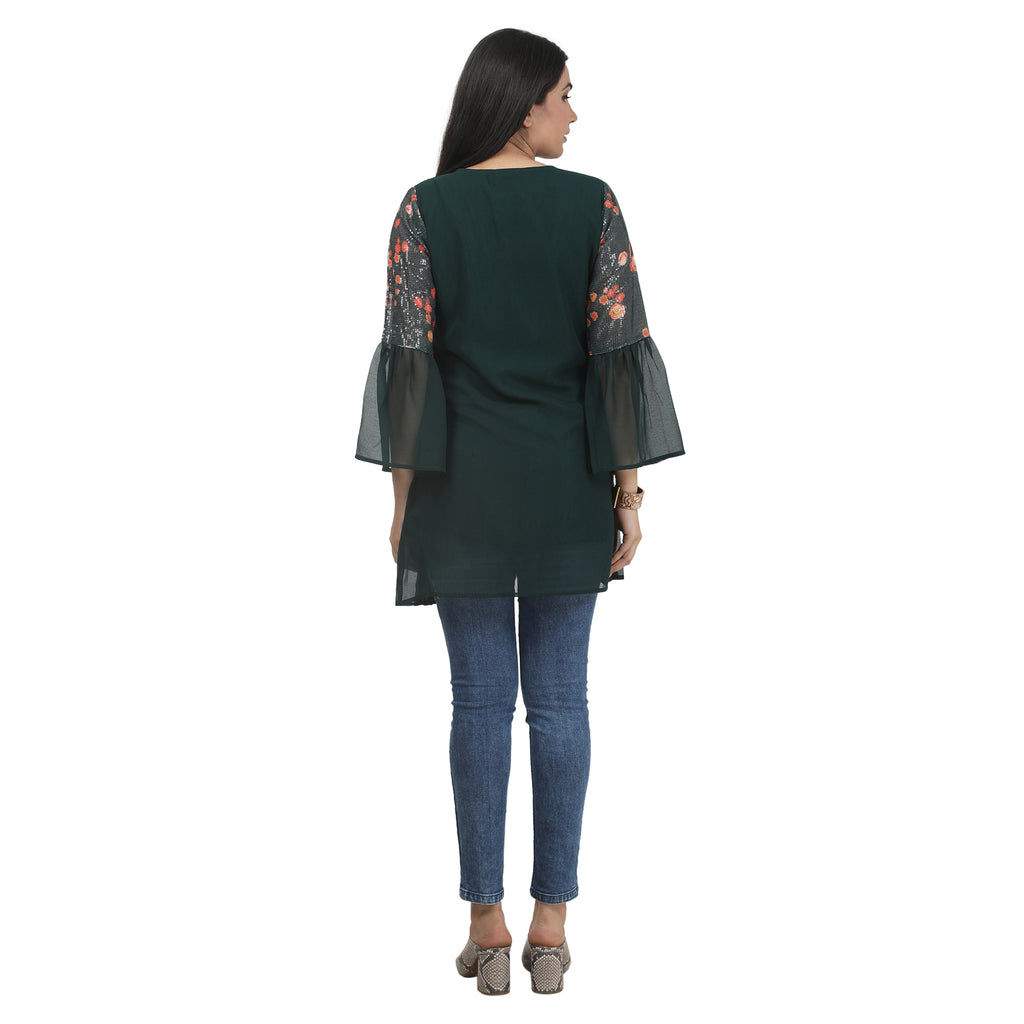 Floral Pleated Bell-Sleeve Maternity Tunic – Bottle Green