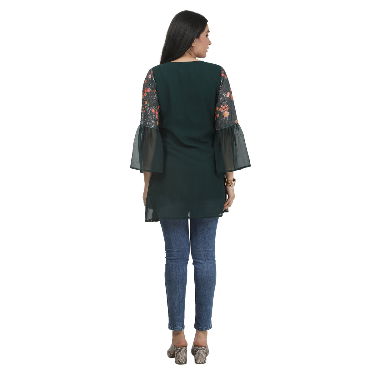 Floral Pleated Bell-Sleeve Maternity Tunic – Bottle Green