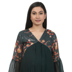 Floral Pleated Bell-Sleeve Maternity Tunic – Bottle Green