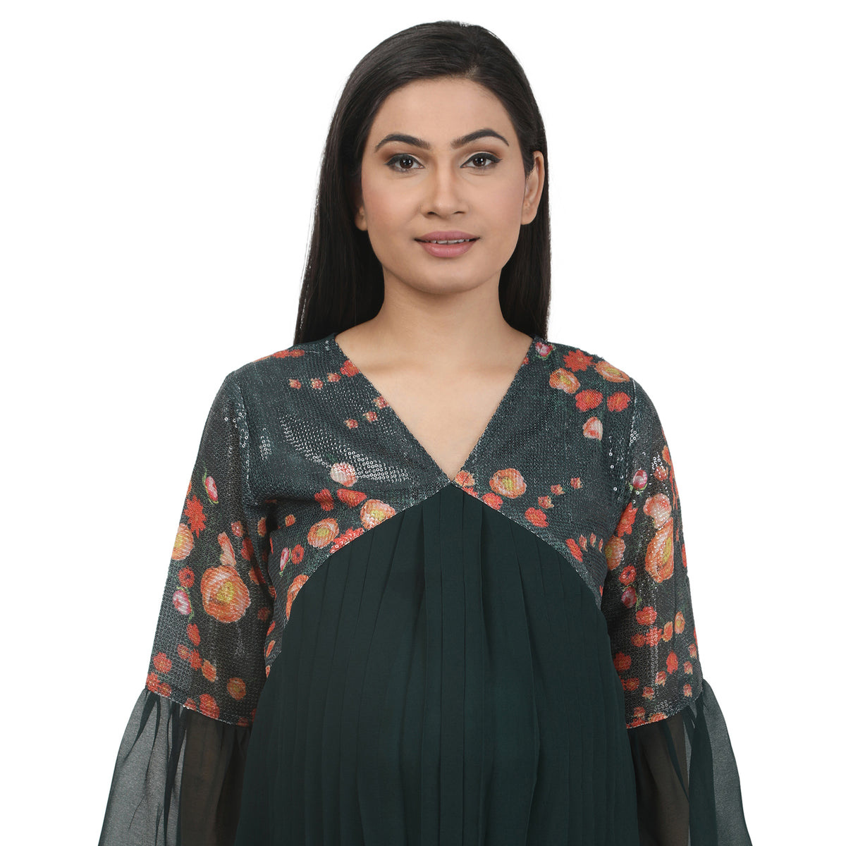 Floral Pleated Bell-Sleeve Maternity Tunic – Bottle Green