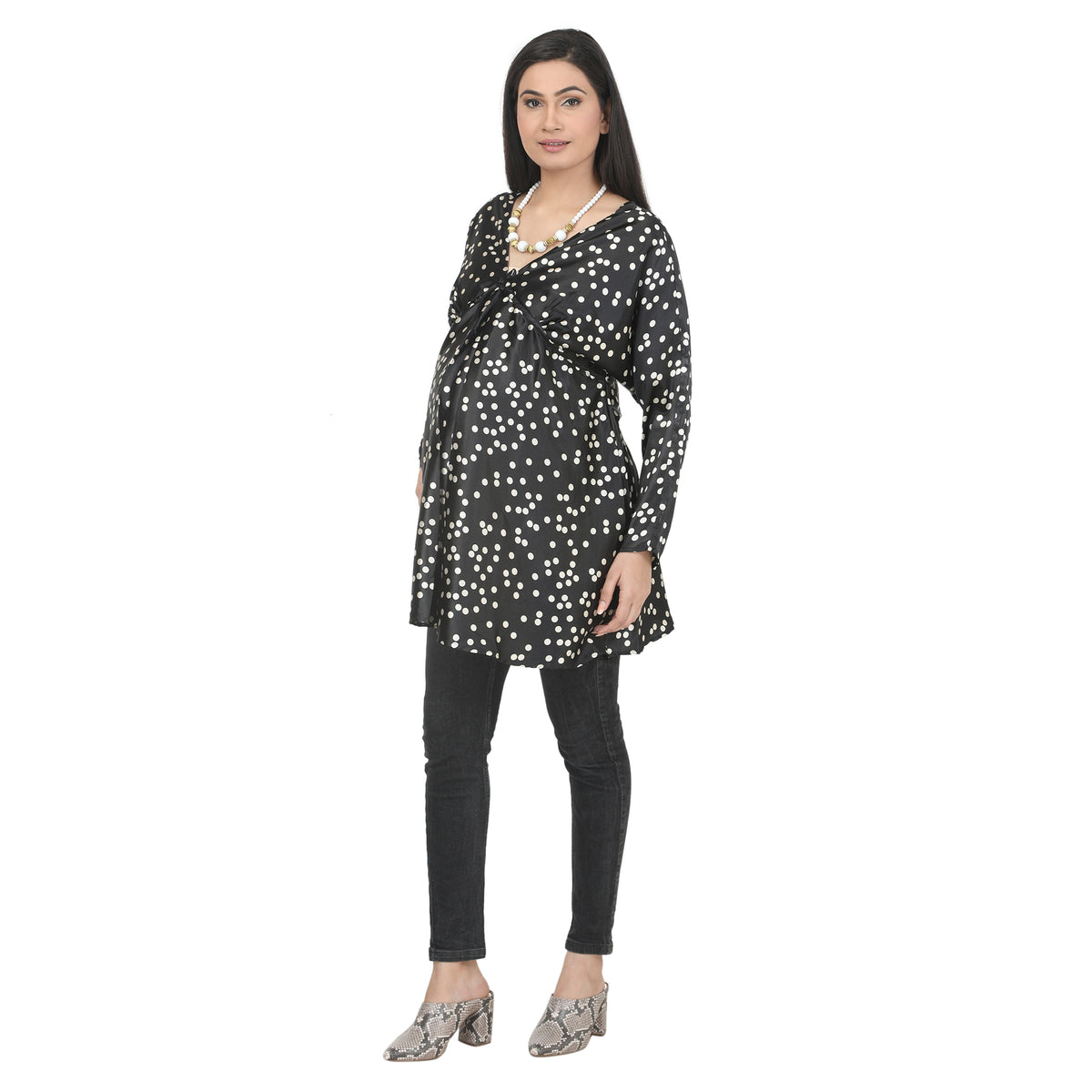 Black & White Polka Dot Maternity Tie-Front Tunic
