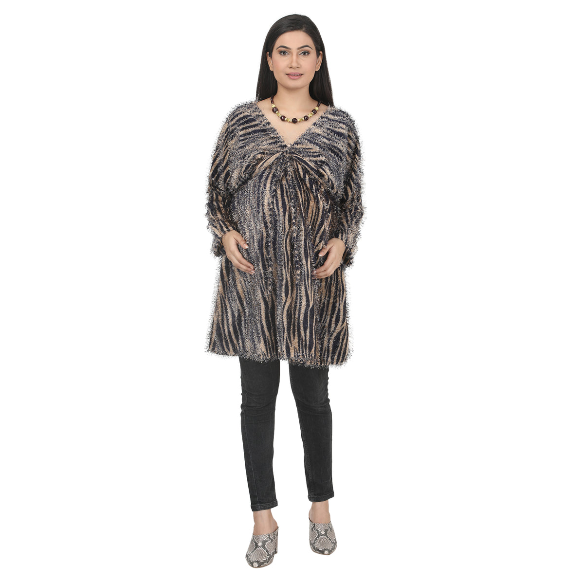 Black & Beige Striped Fuzzy Maternity Tunic