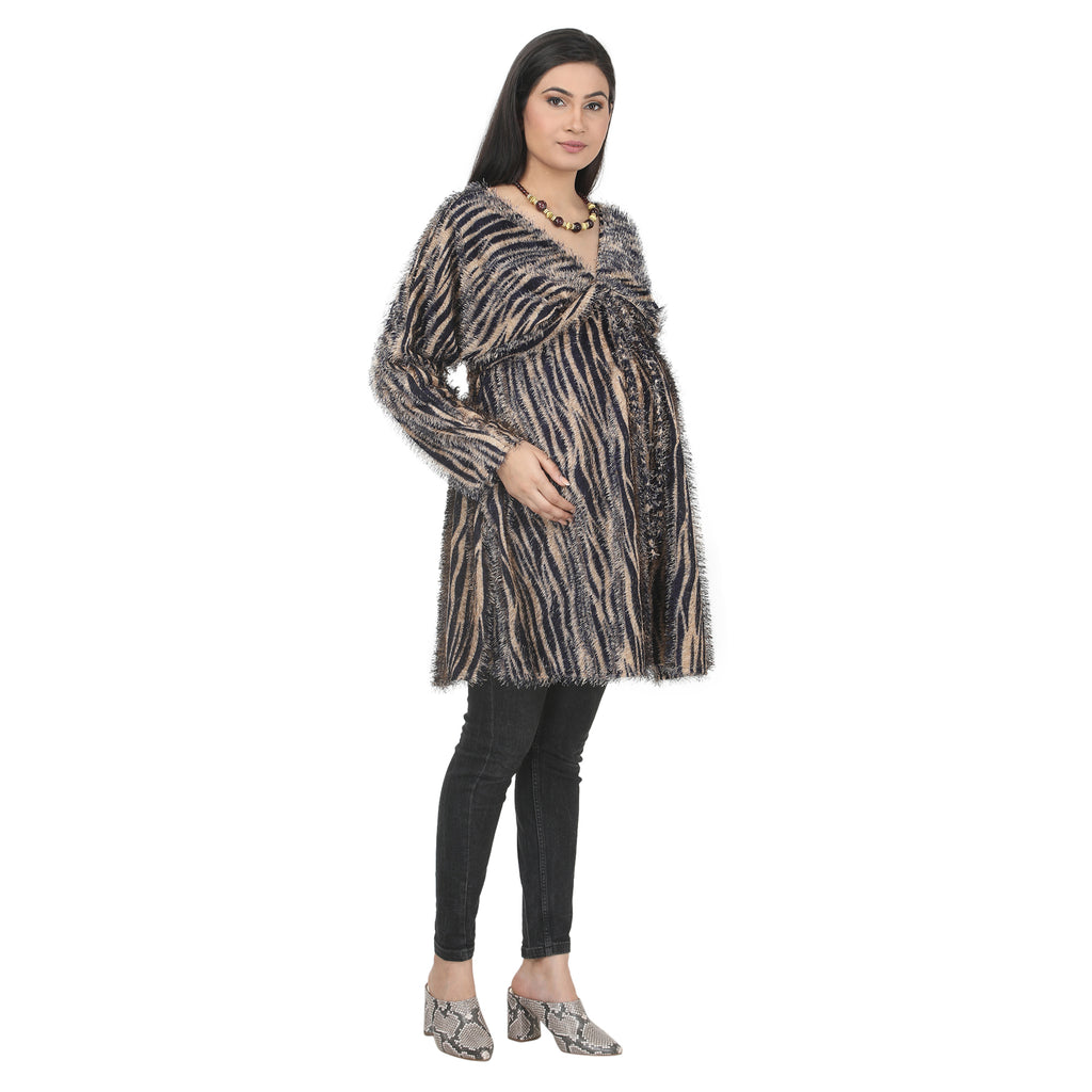 Black & Beige Striped Fuzzy Maternity Tunic
