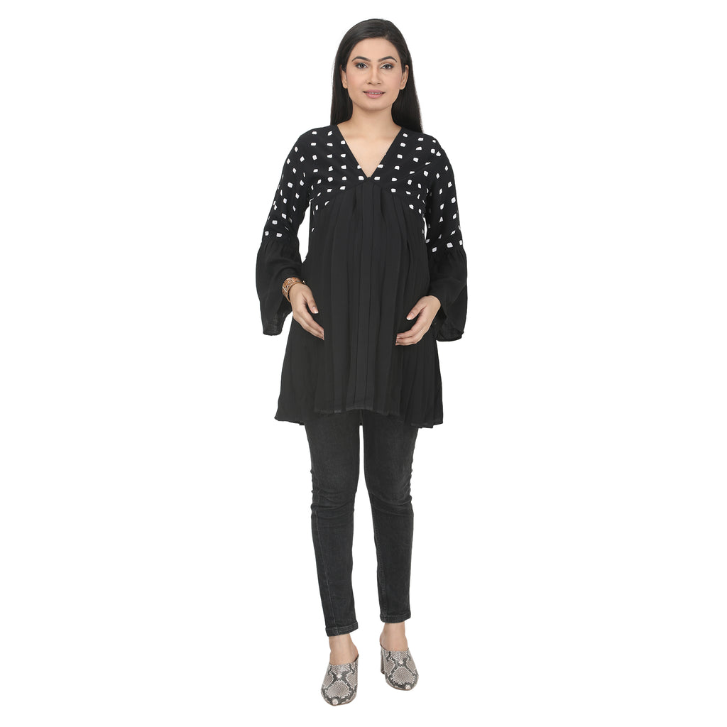 Black Printed Pleated Maternity Tunic with Bell Sleeves