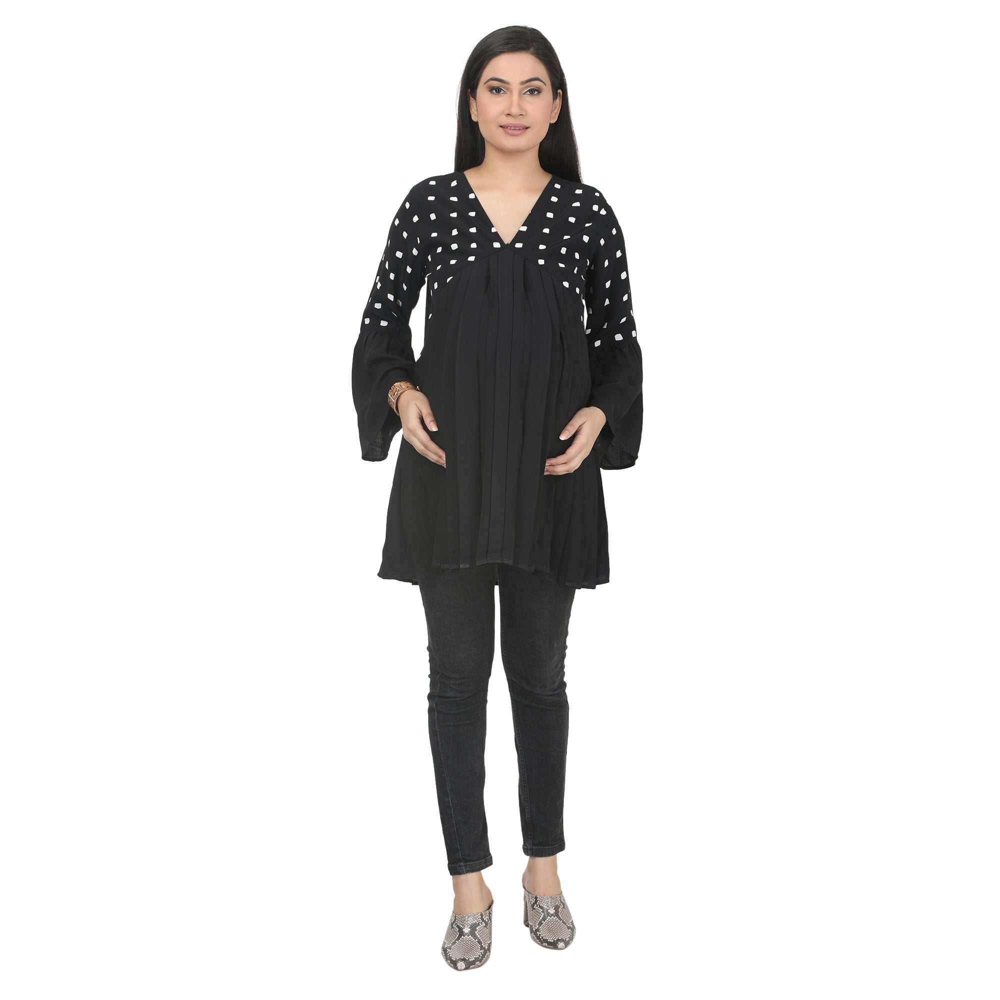 Black Printed Pleated Maternity Tunic with Bell Sleeves