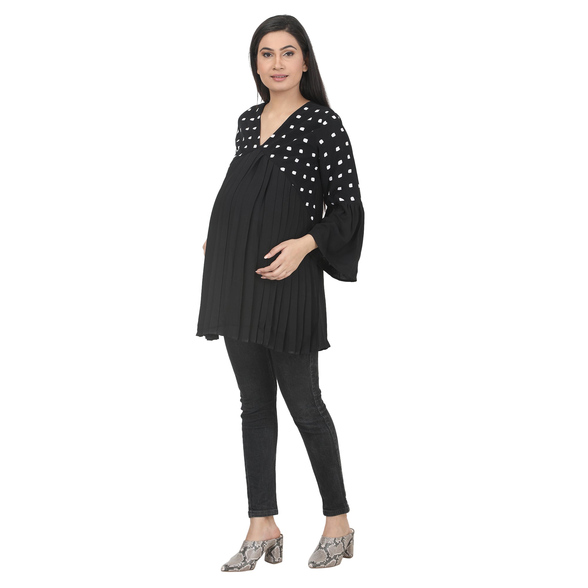 Black Printed Pleated Maternity Tunic with Bell Sleeves