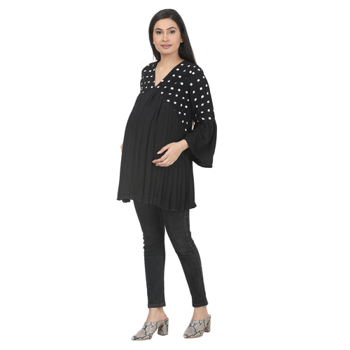 Black Printed Pleated Maternity Tunic with Bell Sleeves