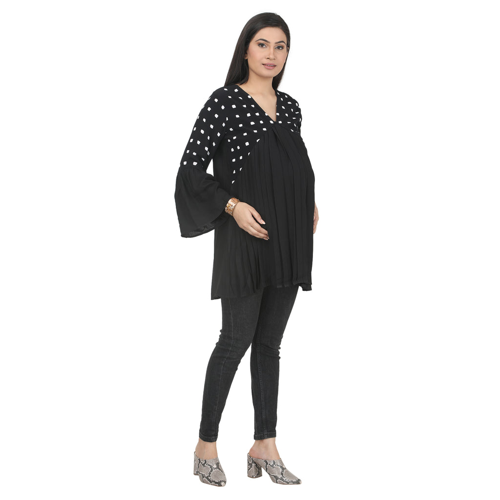 Black Printed Pleated Maternity Tunic with Bell Sleeves