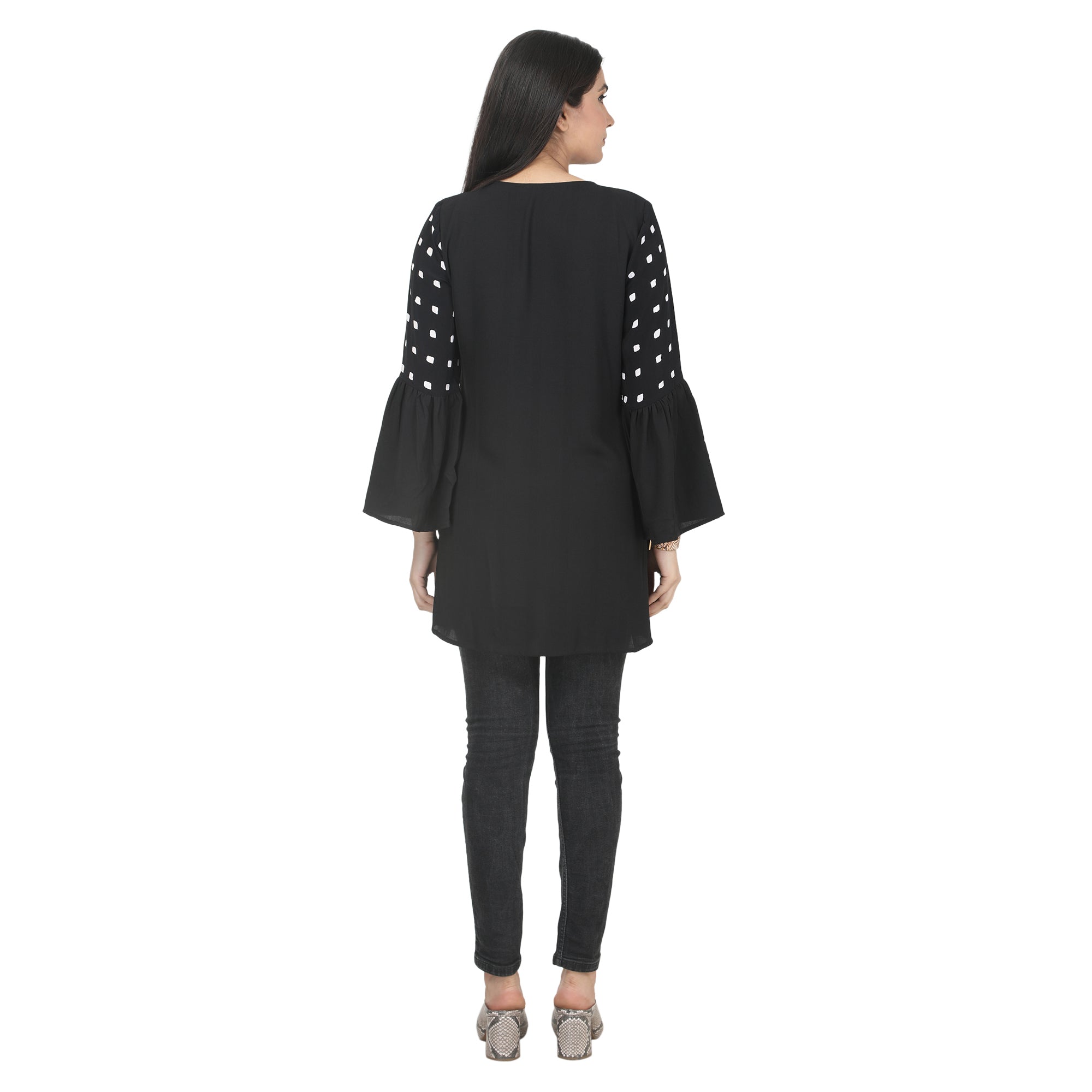 Black Printed Pleated Maternity Tunic with Bell Sleeves