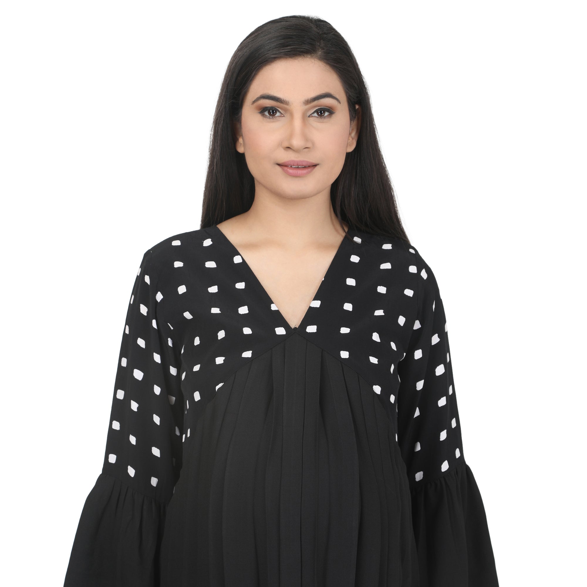 Black Printed Pleated Maternity Tunic with Bell Sleeves