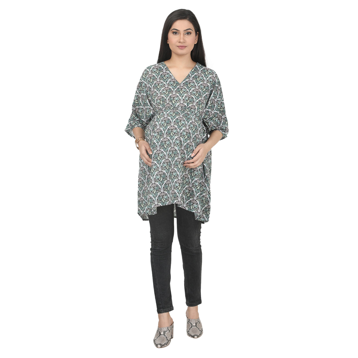 Green Floral Printed Maternity Kaftan Tunic