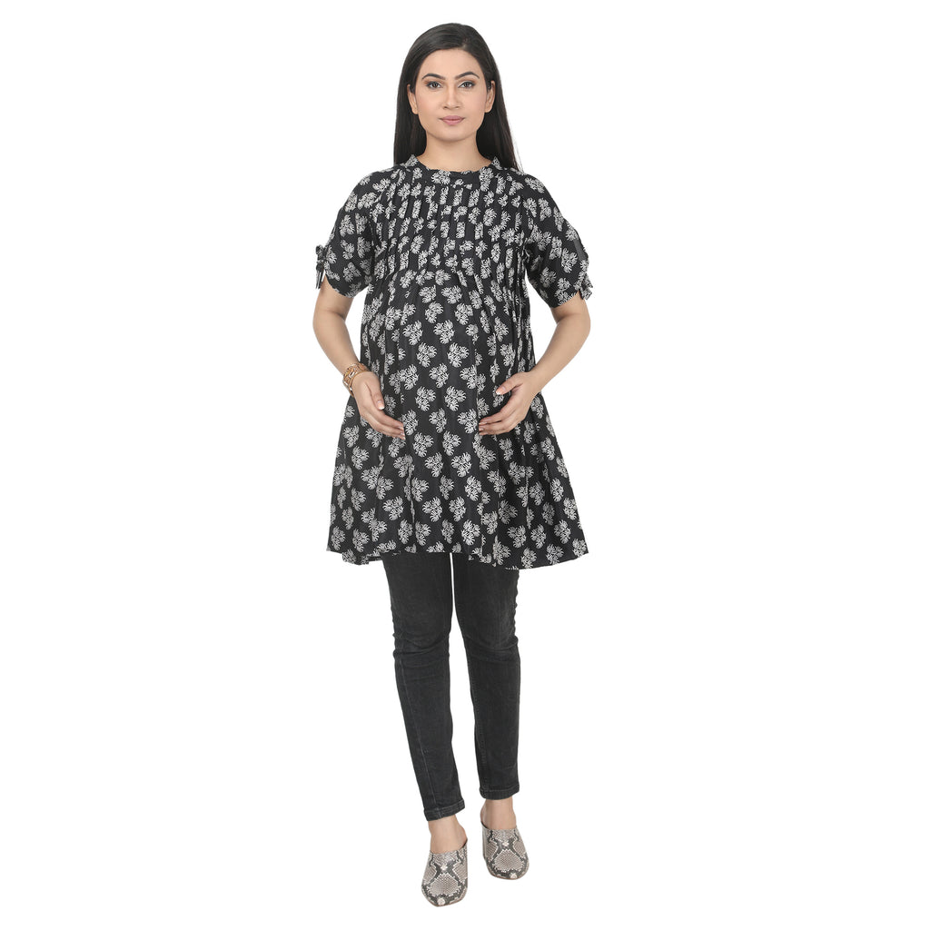 Black Printed Maternity Tunic with Back V-Neck