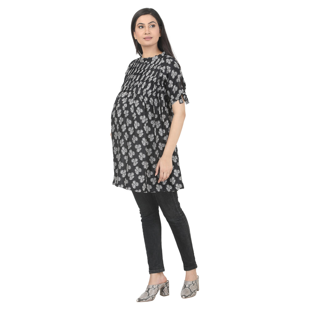 Black Printed Maternity Tunic with Back V-Neck