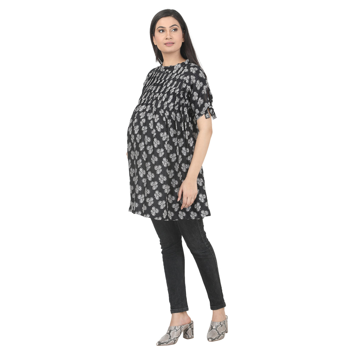 Black Printed Maternity Tunic with Back V-Neck