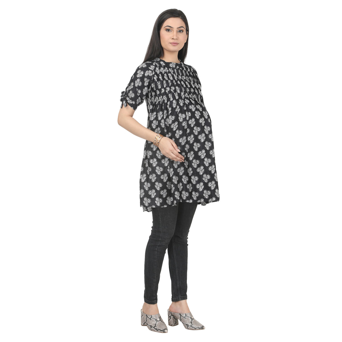 Black Printed Maternity Tunic with Back V-Neck