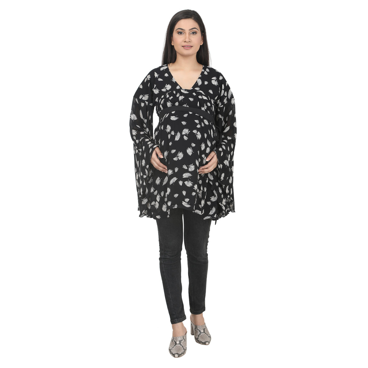 Black & White Printed Tie-Detail Maternity Tunic