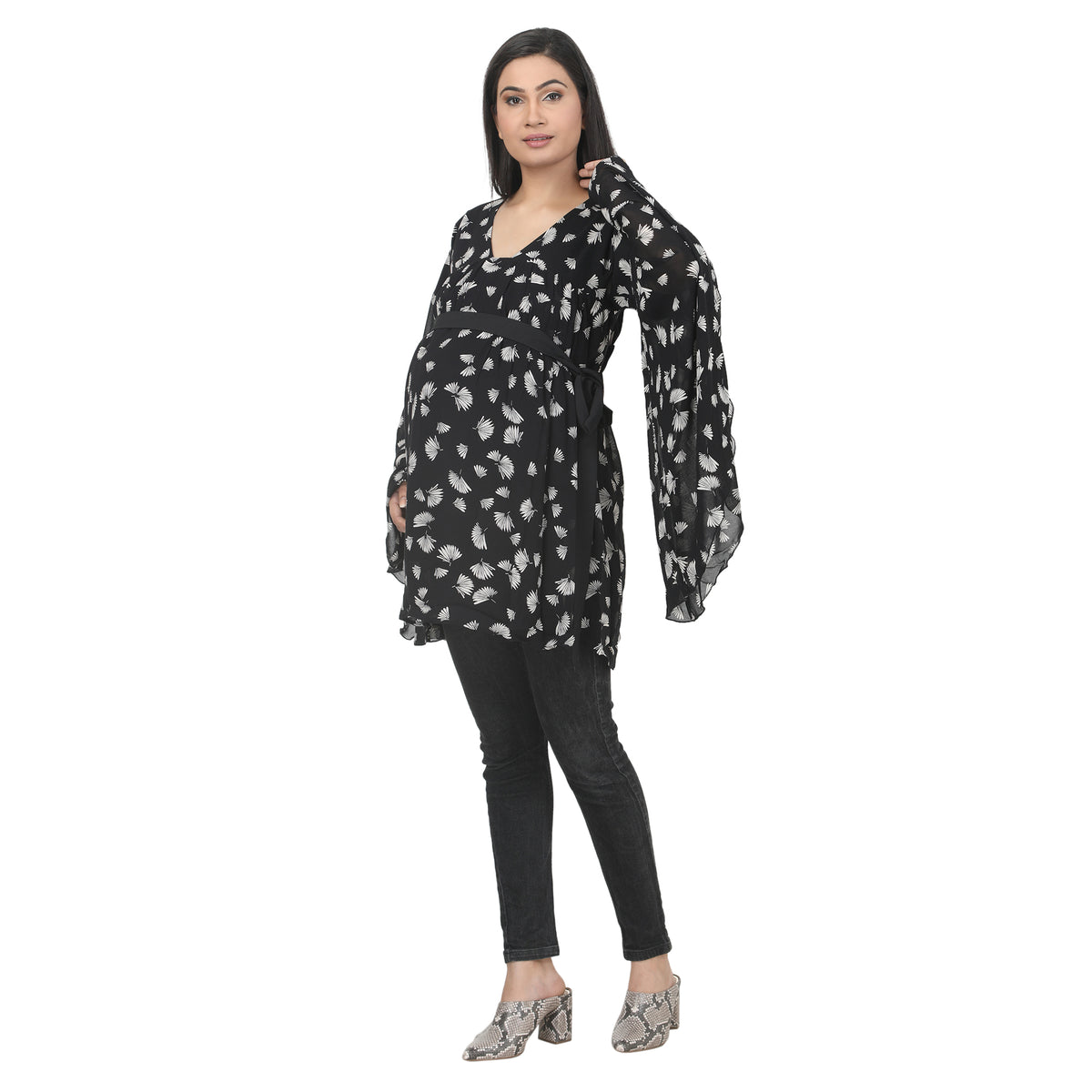 Black & White Printed Tie-Detail Maternity Tunic
