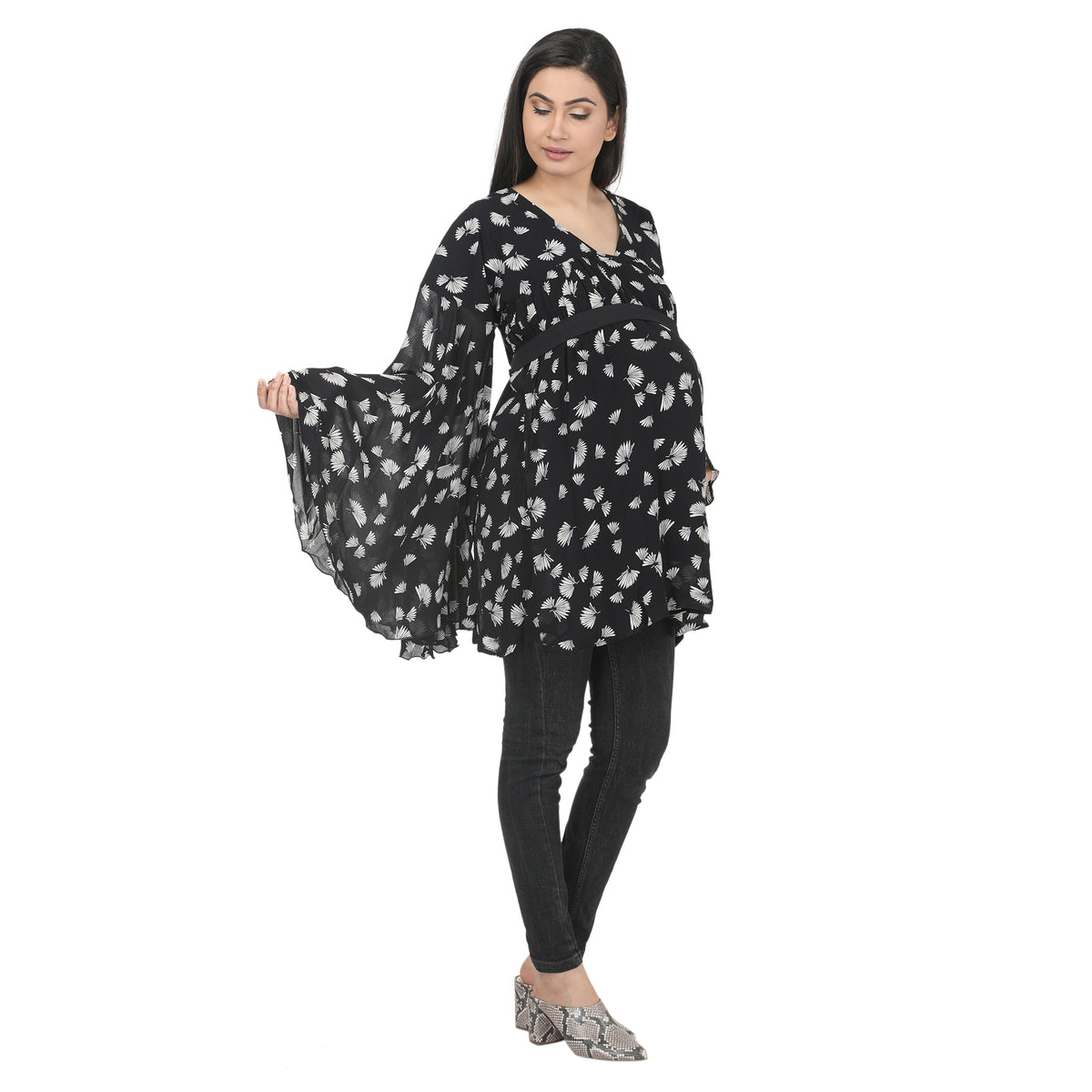 Black & White Printed Tie-Detail Maternity Tunic