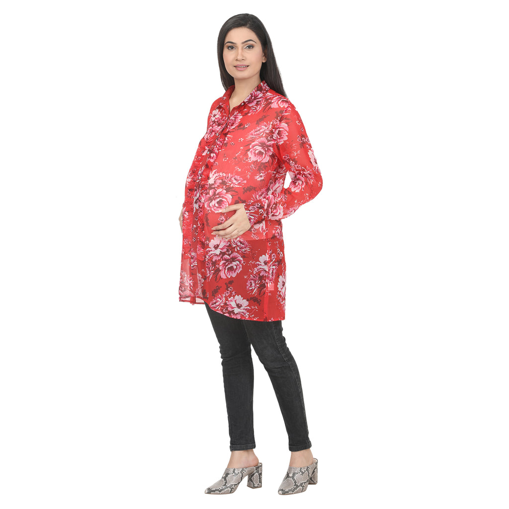 Tunic: Red Floral Ruffle Front Longline Shirt