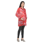 Red Floral Shirt Collar Long Tunic