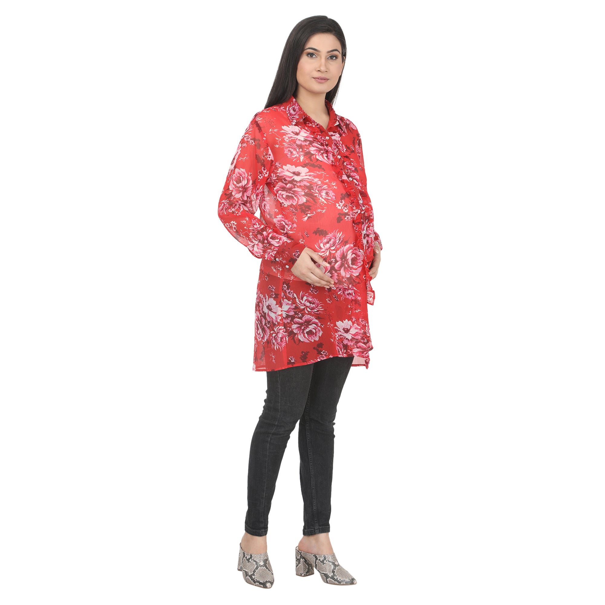 Tunic: Red Floral Ruffle Front Longline Shirt