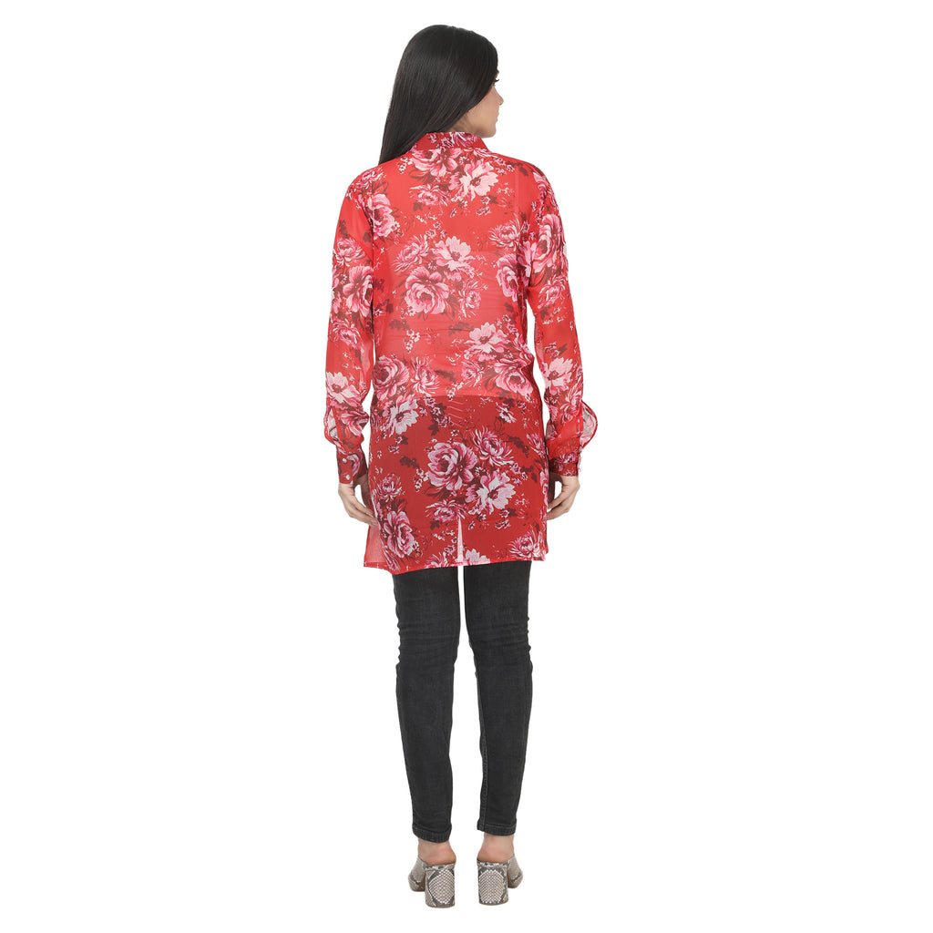 Tunic: Red Floral Ruffle Front Longline Shirt