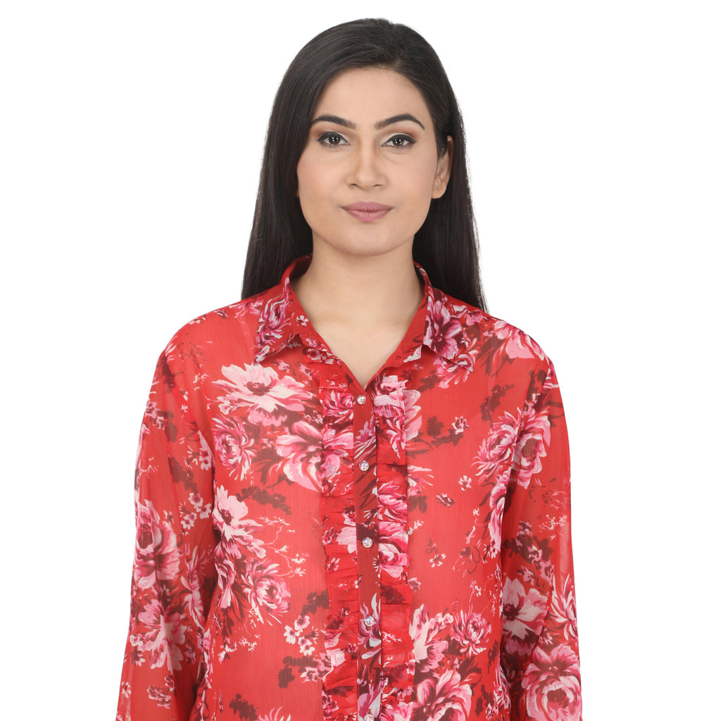 Tunic: Red Floral Ruffle Front Longline Shirt