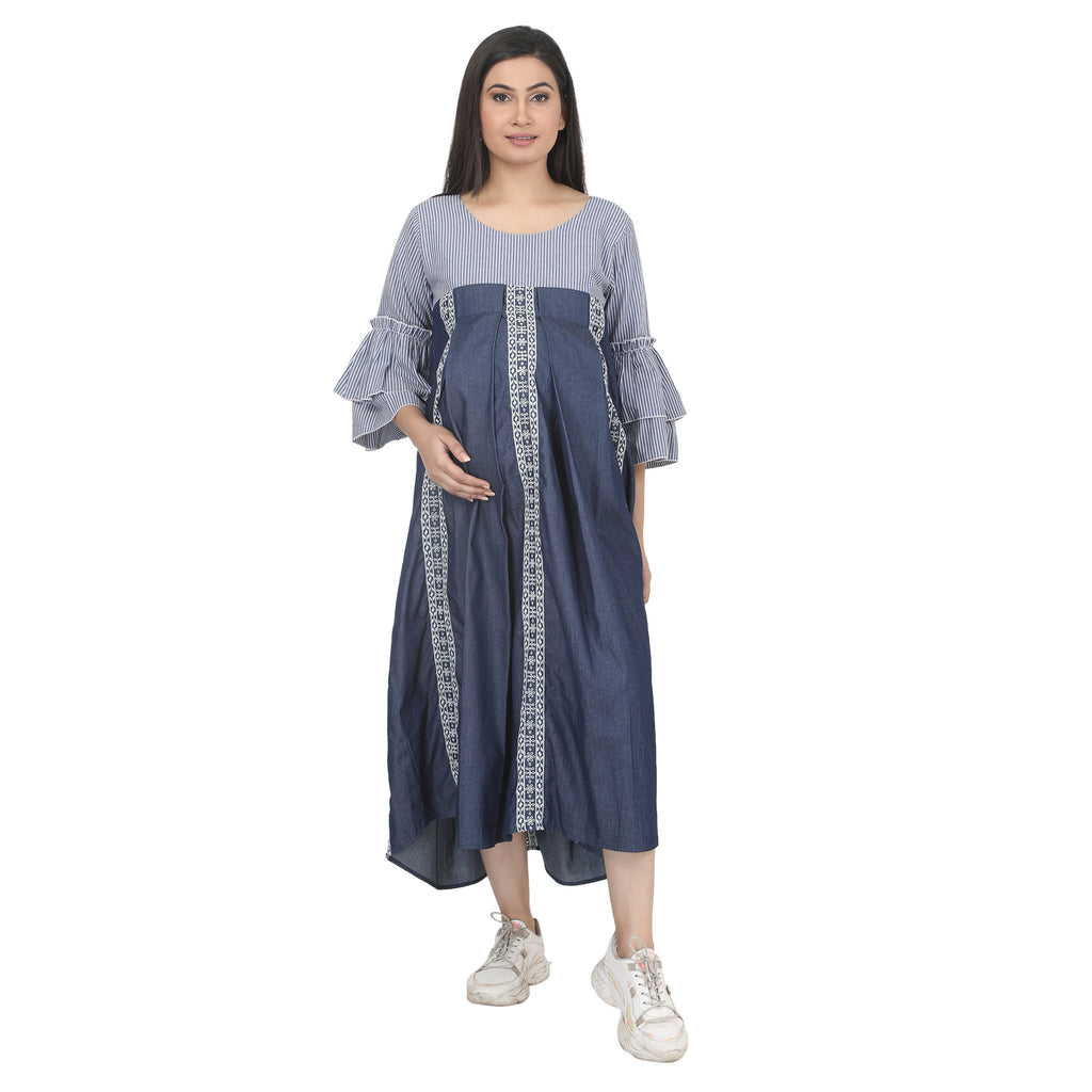 Blue Denim-Style Striped Maternity Midi Dress