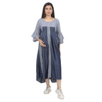 Blue Denim-Style Striped Maternity Midi Dress