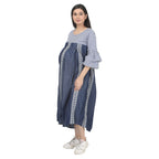 Blue Denim-Style Striped Maternity Midi Dress