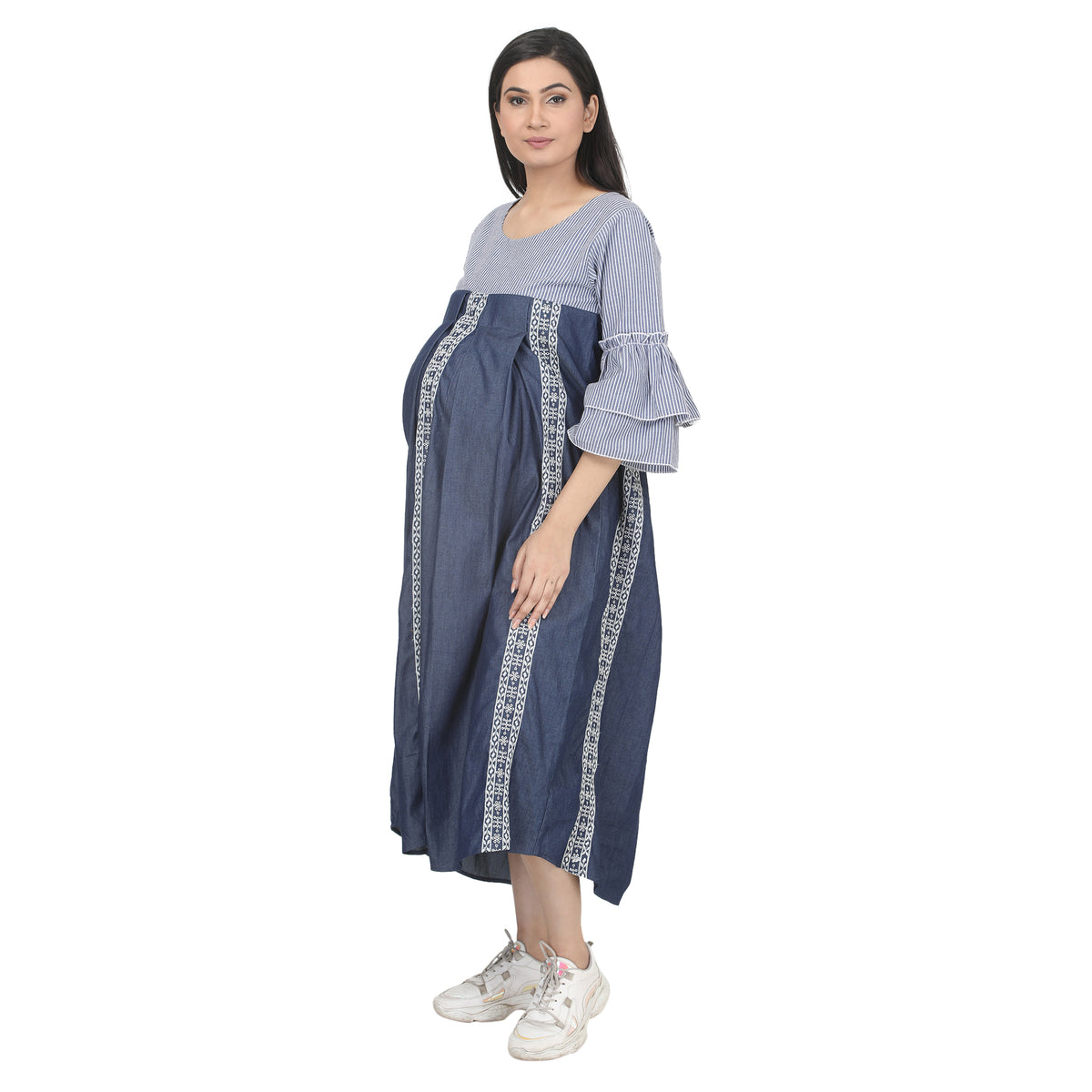 Blue Denim-Style Striped Maternity Midi Dress