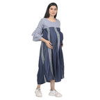 Blue Denim-Style Striped Maternity Midi Dress