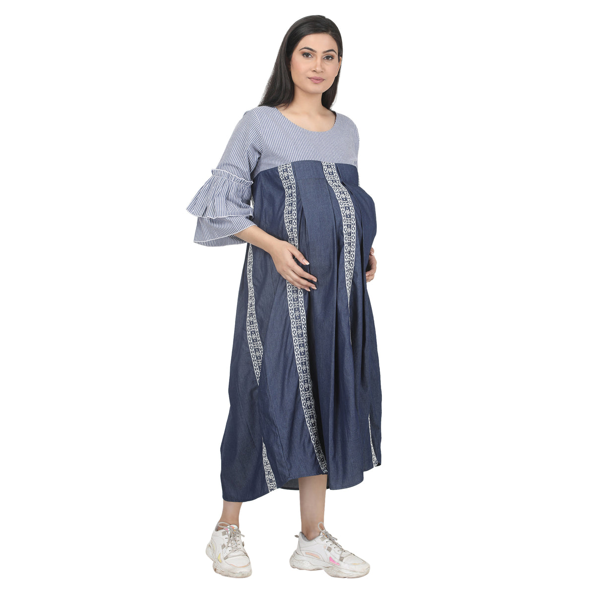 Blue Denim-Style Striped Maternity Midi Dress
