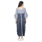 Blue Denim-Style Striped Maternity Midi Dress