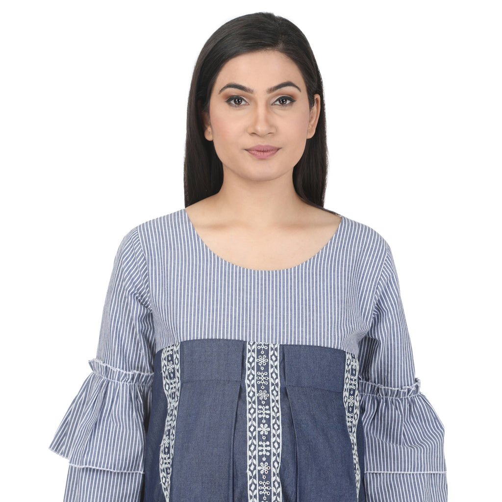 Blue Denim-Style Striped Maternity Midi Dress