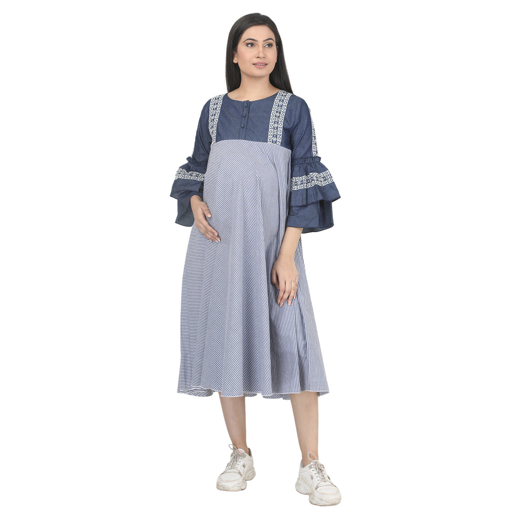 Blue Denim Stripe Maternity Midi Dress