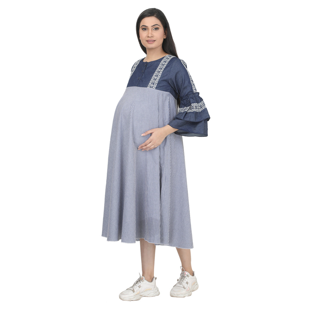 Blue Denim Stripe Maternity Midi Dress