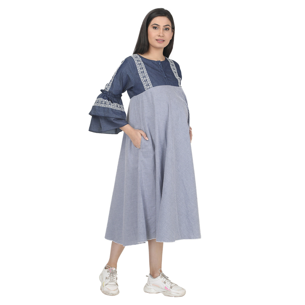 Blue Denim Stripe Maternity Midi Dress