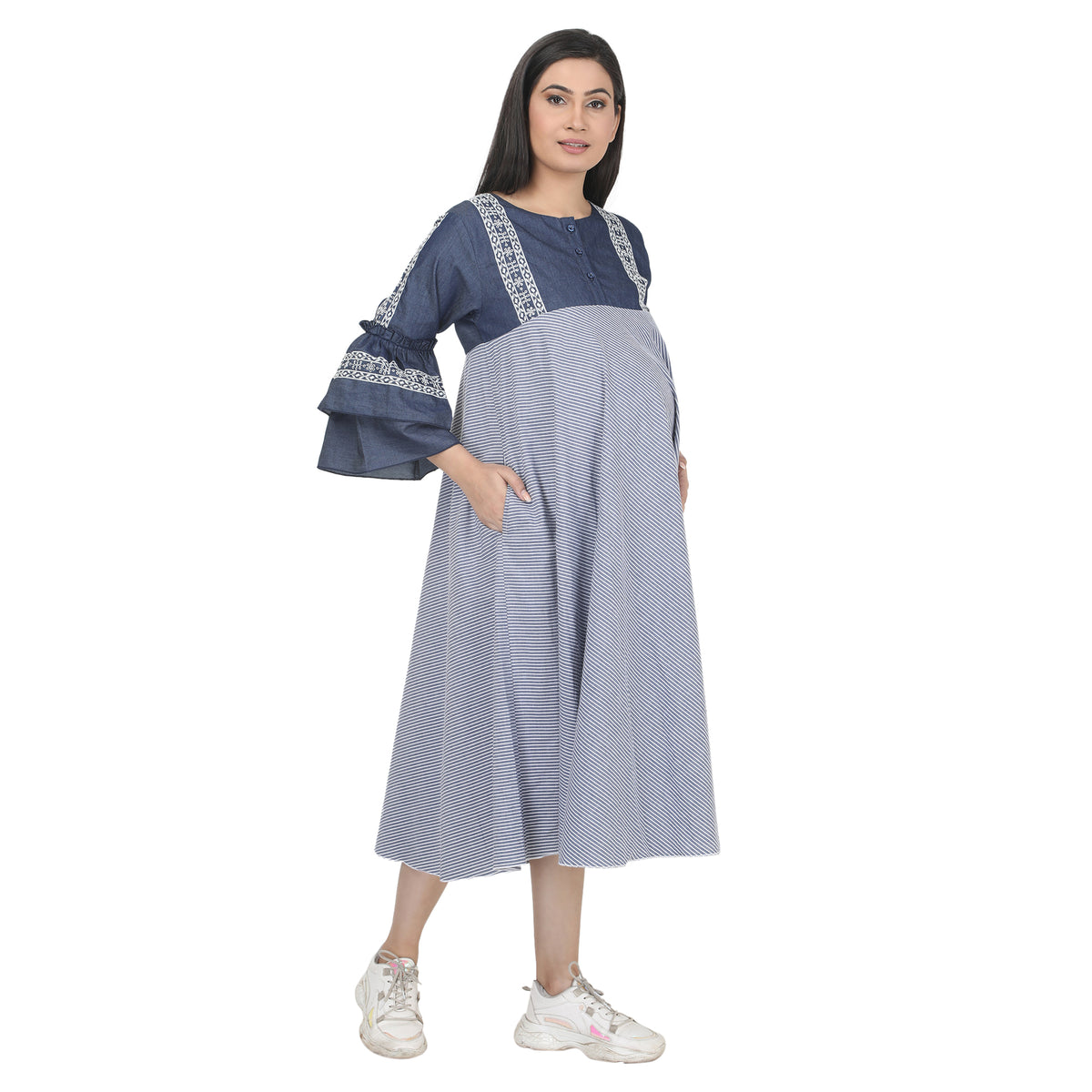 Blue Denim Stripe Maternity Midi Dress
