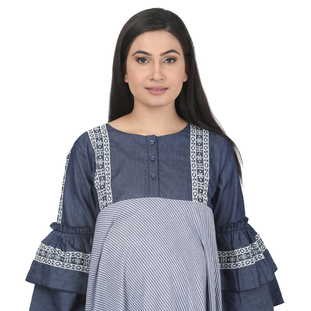 Blue Denim Stripe Maternity Midi Dress