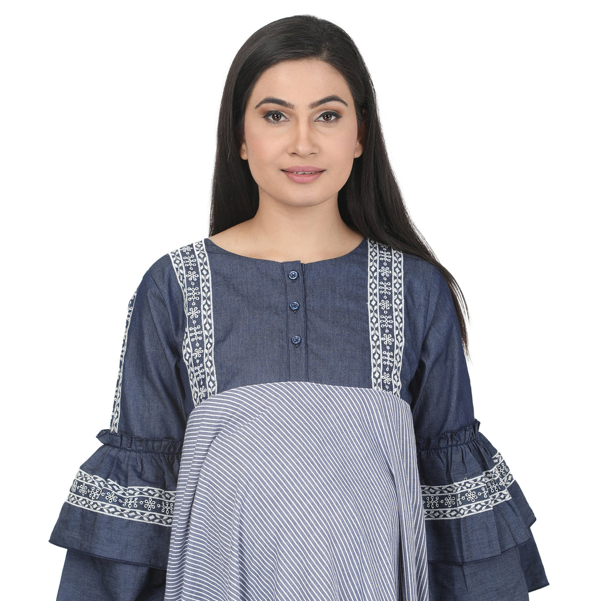 Blue Denim Stripe Maternity Midi Dress