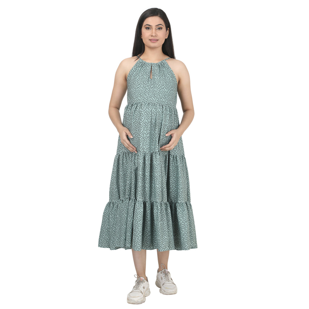 Sage Green Printed Tiered Maternity Midi Dress