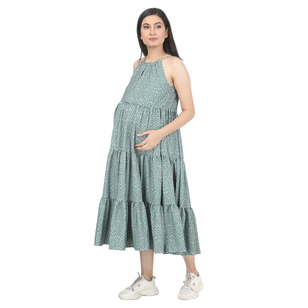 Sage Green Printed Tiered Maternity Midi Dress