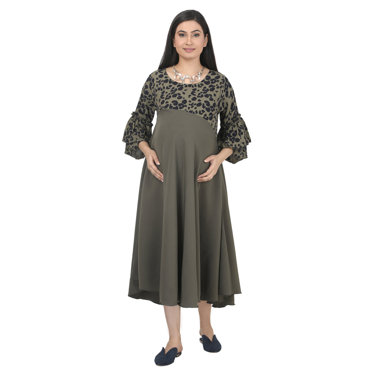 Green Printed Maternity Midi Dress