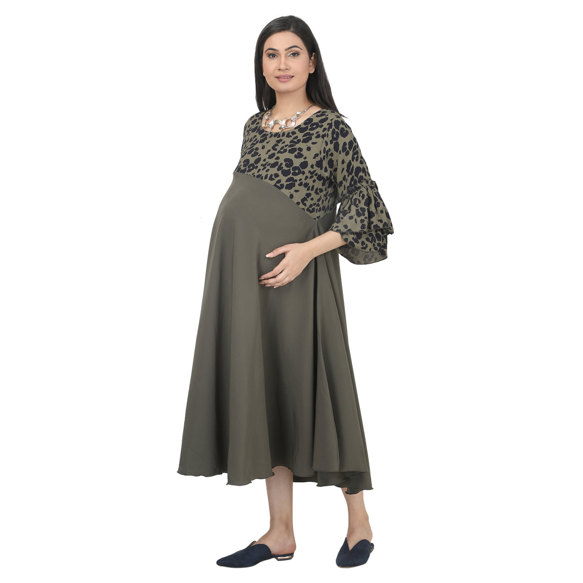 Green Printed Maternity Midi Dress