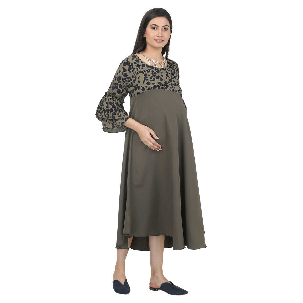 Green Printed Maternity Midi Dress